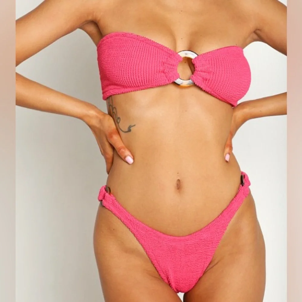 Hunza G Gloria Bandeau Crinkle Bikini Set Pink Fuschia Strapless Tortoise